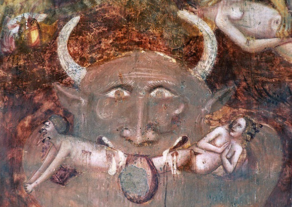 Антихрист. Фреска 1350 р. італійського майстра Віталі з Болоньї в монастирському храмі Св. Марії Бенедиктинського абатства Помпоза (Емілія-Романья)..jpg Антихрист. Фреска 1350 р. італійського майстра Віталі з Болоньї в монастирському храмі Св. Марії Бенедиктинського абатства Помпоза (Емілія-Романья)..jpg